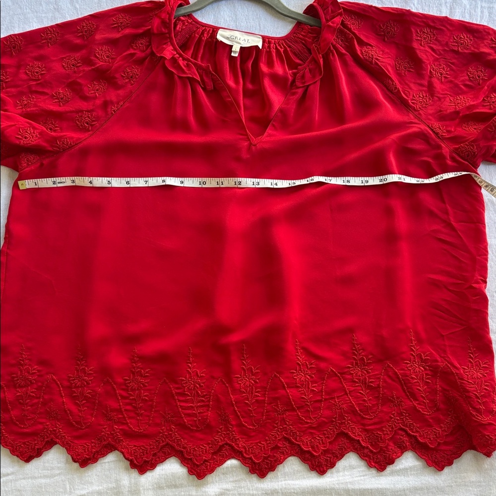 THE GREAT. Vibrant Red Silk Embroidered Floral Design Peasant Short Sleeve Top - Picture 8 of 12